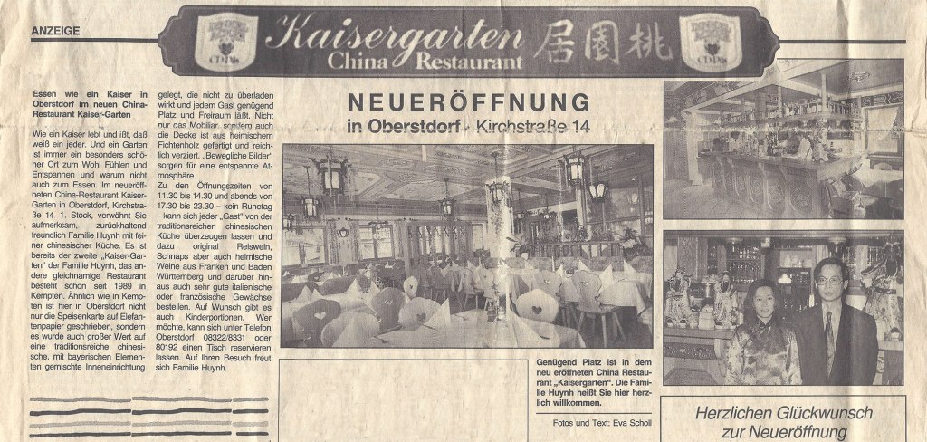 China Restaurant Kaiser-Garten in Oberstdorf, Allgäu / Zeitungsausschnitt zur Eröffnung aus dem Allgäuer Anzeigeblatt 1993